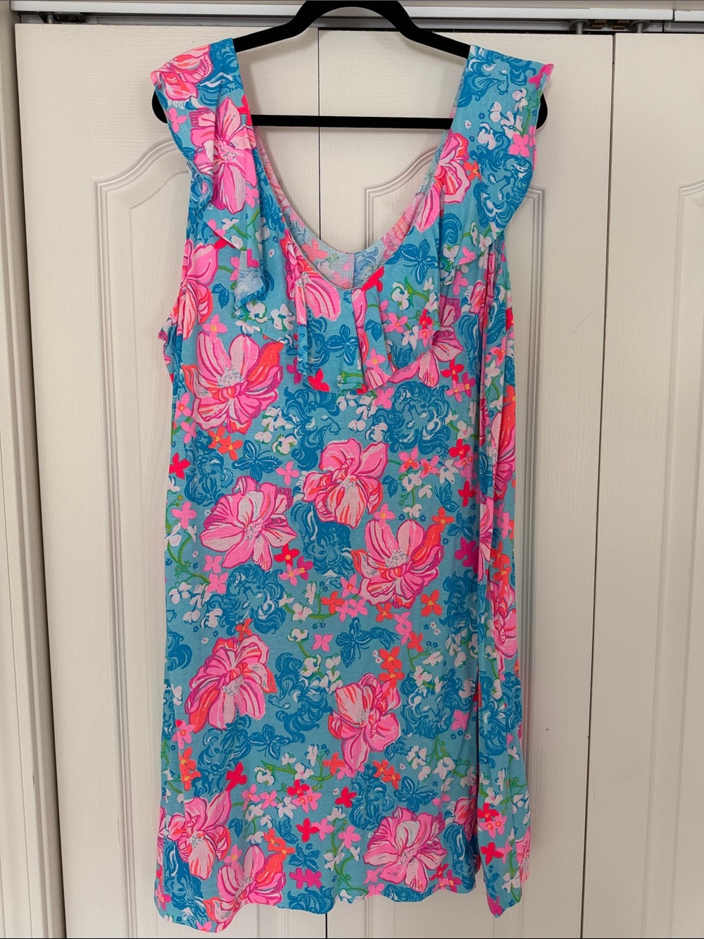 Lilly Pulitzer Aqua & Pink Floral Scoop-Neck ruffle  Dress